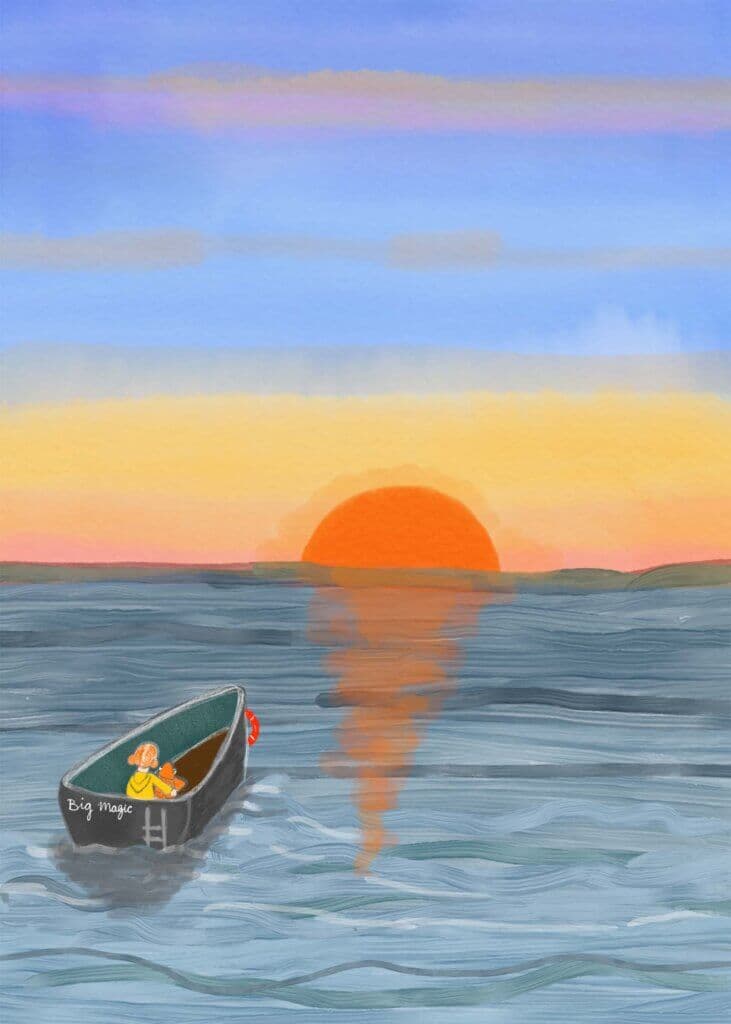 Illustratie van bootje op zee bij zonsondergang